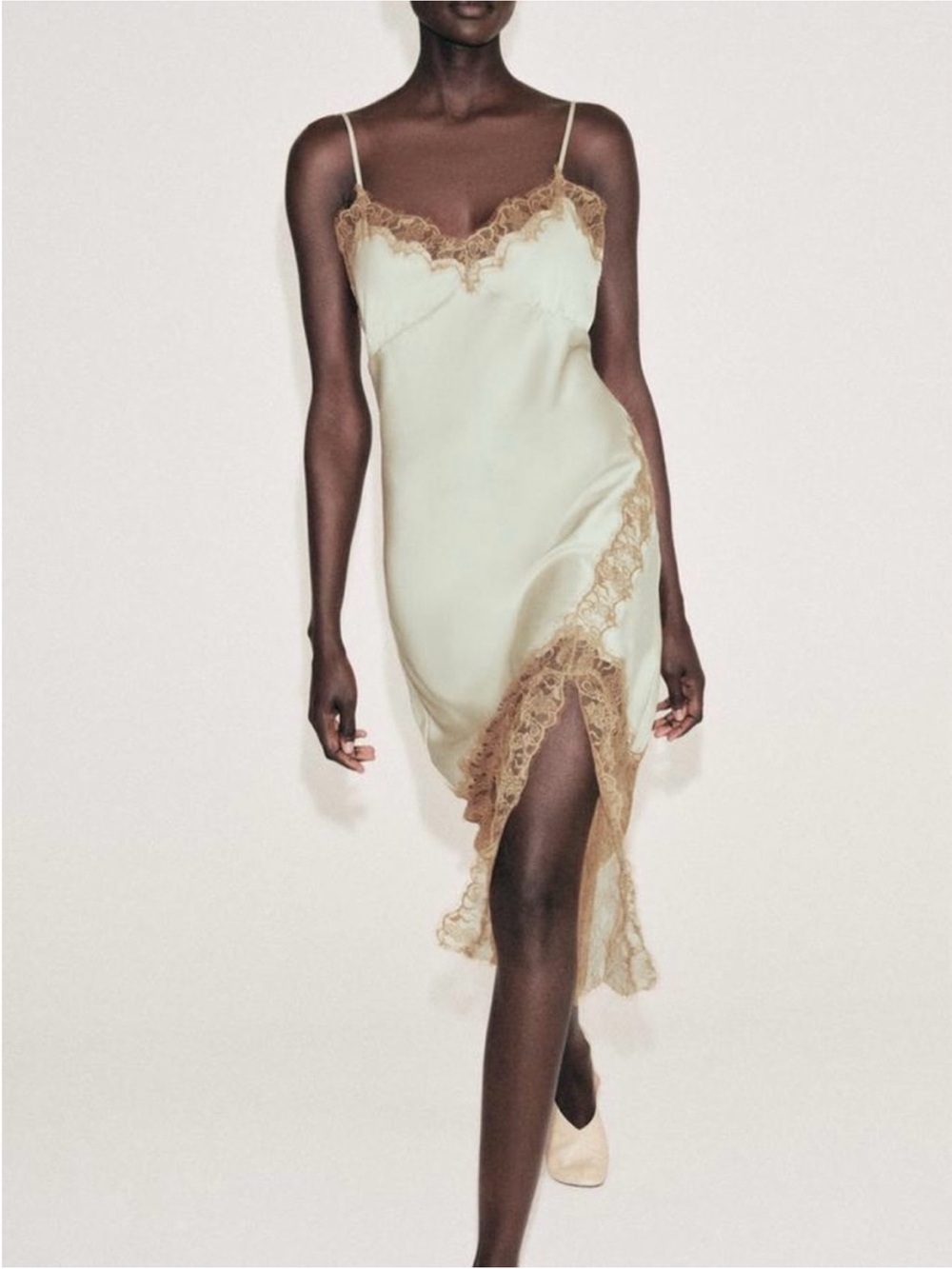 Zara Cream Slip Dress with Gold Lace Trim